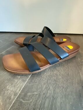 Three-strap Black Slide Sandals with Brown Footbed
